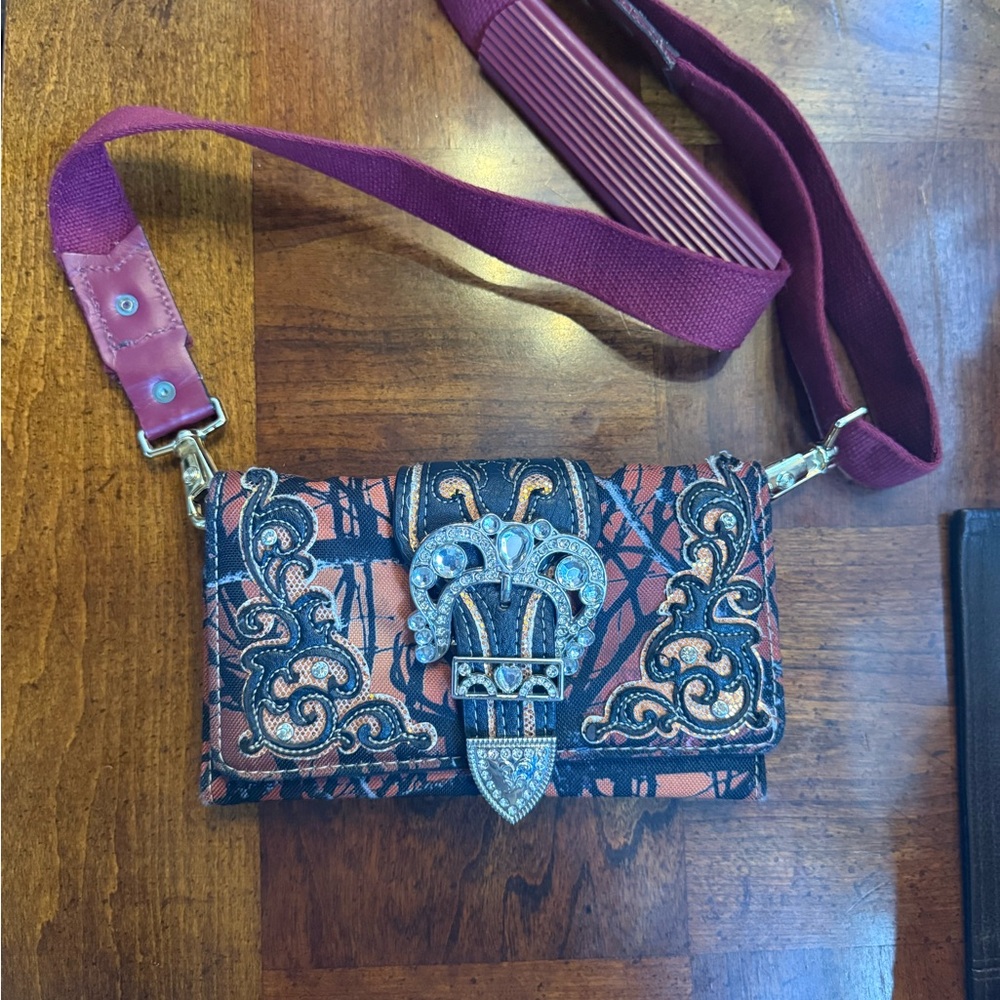 Artistic Embroidered Clutch with Burgundy Strap